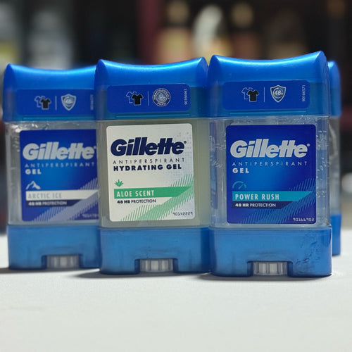 Gillette antiperspirant gel packaging with different scents on a blurred background