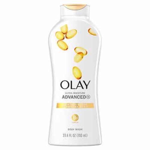 Olay Ultra Moisture Advanced body wash bottle on a white background