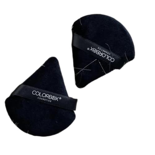Two black makeup sponges with Colorbox Cosmetics branding on a white background