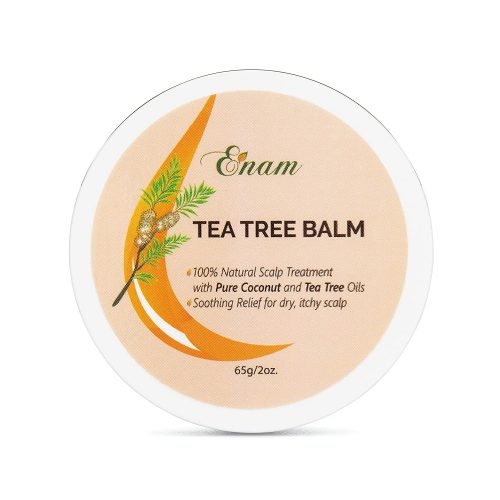 Tea tree balm container with branding and product details on a white background