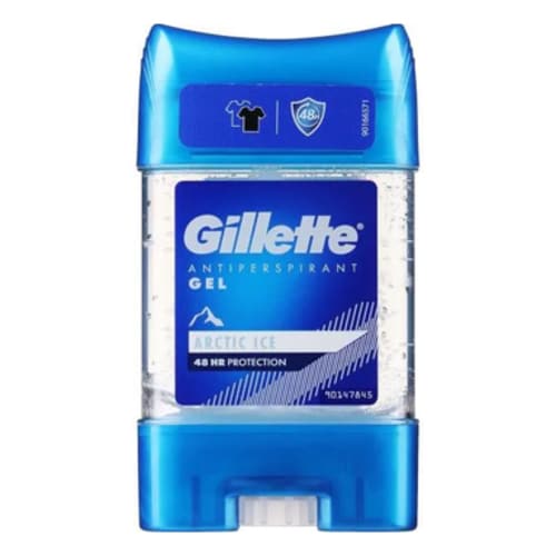 Gillette antiperspirant gel stick with blue and white design on a white background