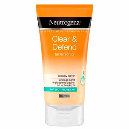 Neutrogena Clear & Defend facial scrub tube on a white background