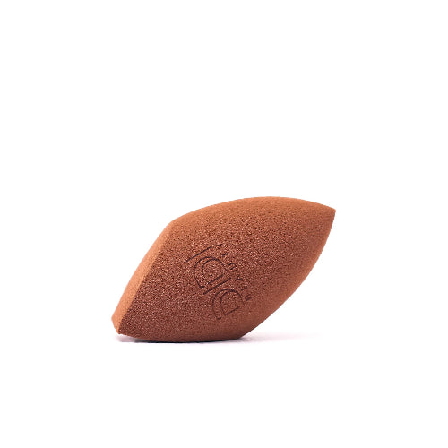 Brown makeup sponge with a brand logo on a white background