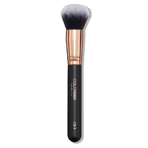 Makeup brush with black handle and rose gold accents on a white background