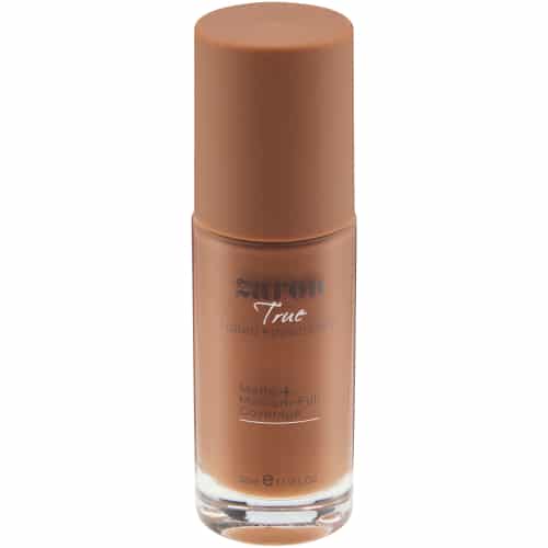 Foundation bottle with a brown shade on a white background