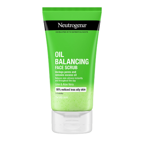 Neutrogena oil balancing face scrub tube on a white background